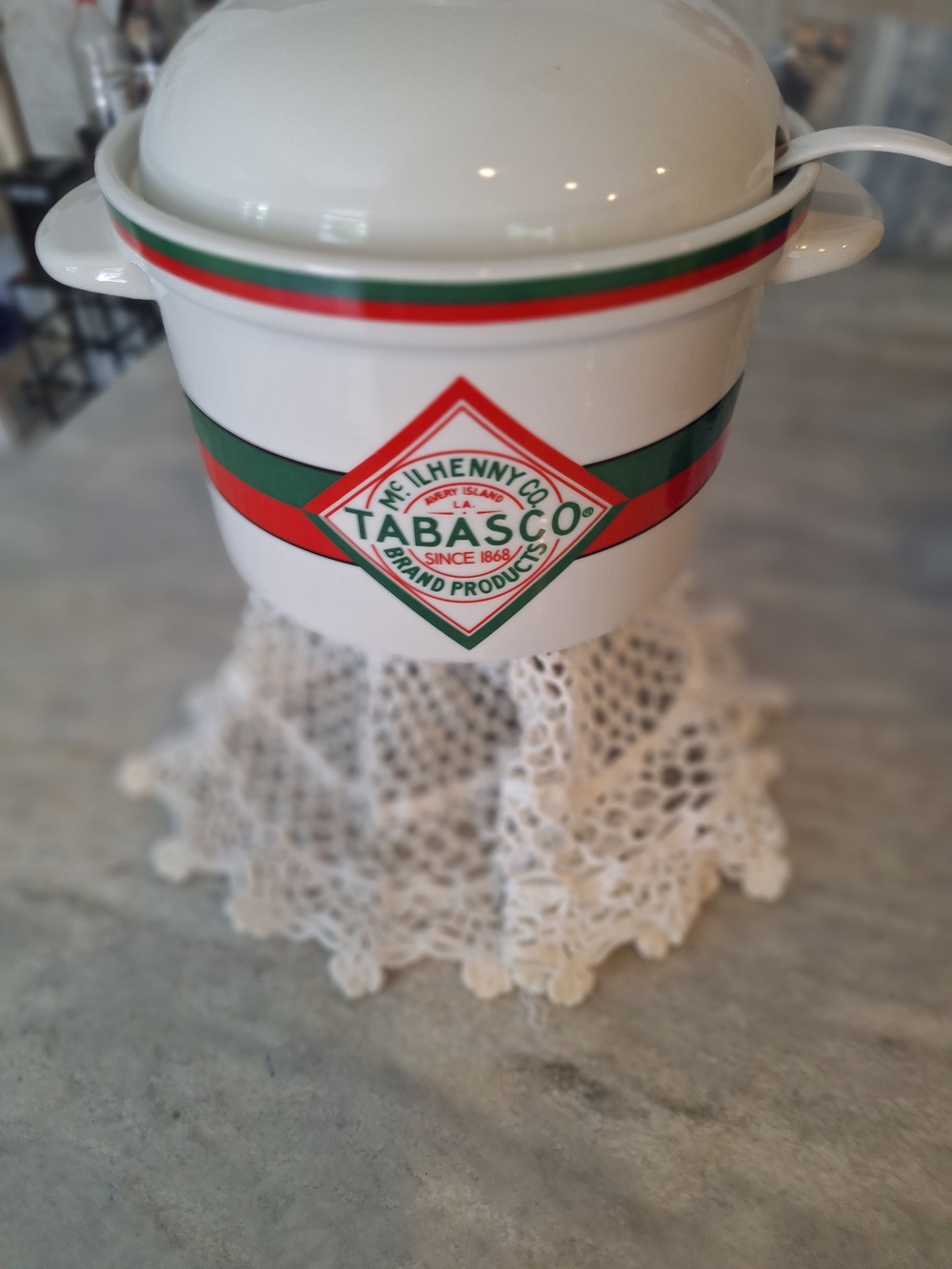Tabasco White Ceramic Canister with Red and Green Bands